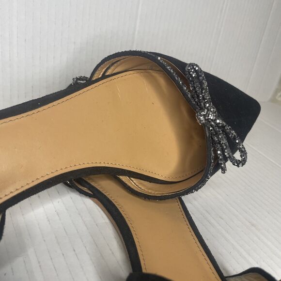 J. Crew Flats 12 Black D'Orsay Suede Glitter Bow Pointed Toe Career Classy Chic - Picture 14 of 16